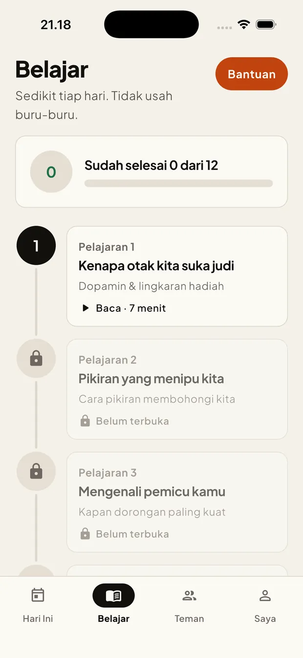 Layar Belajar: dua belas pelajaran berurutan, yang belum terbuka ditandai gembok