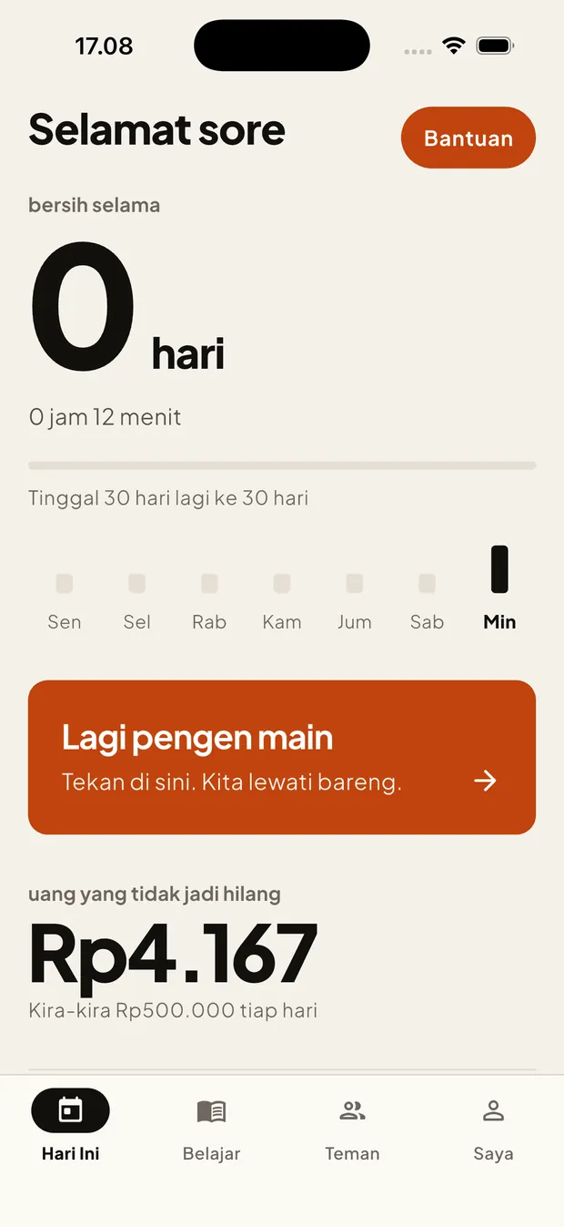 Layar depan Berhenti: hitungan hari bersih, uang yang tidak jadi hilang, dan tombol merah untuk saat dorongan datang