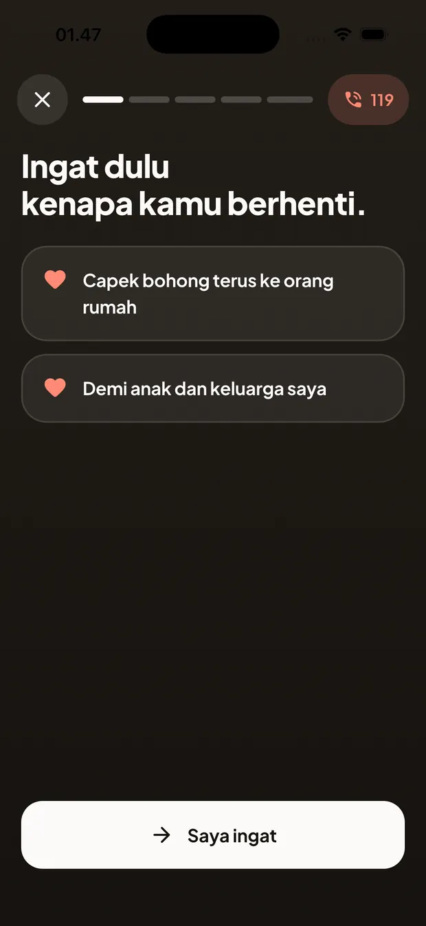 Layar darurat Berhenti menampilkan alasan yang ditulis sendiri oleh penggunanya