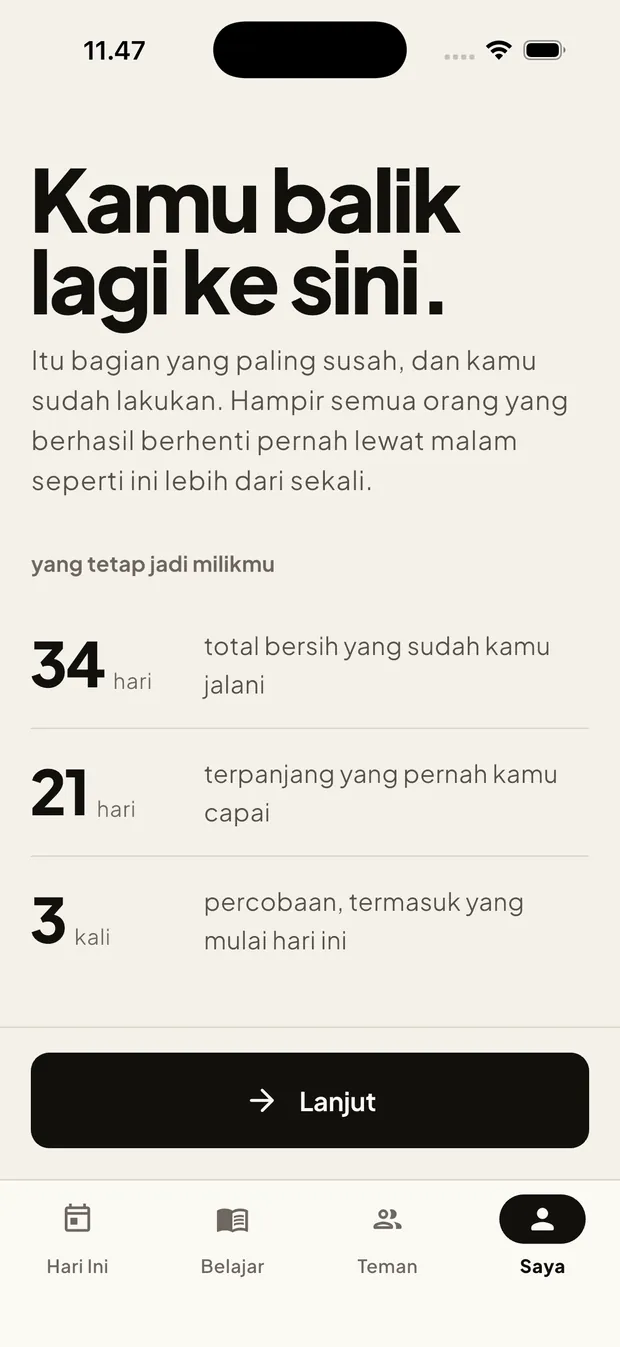 Layar Berhenti sesudah kambuh, menunjukkan bahwa hari yang sudah dilewati tetap tercatat