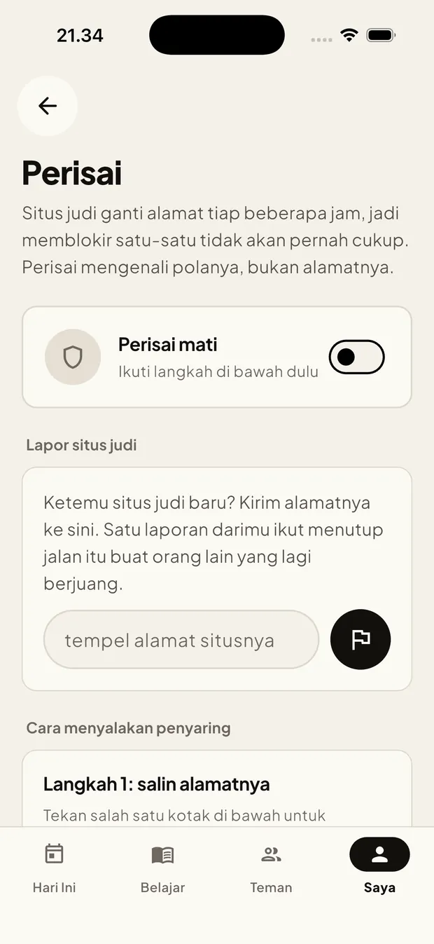 Layar Perisai: tombol penyaring dan kotak untuk melaporkan situs judi