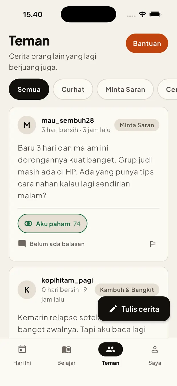 Layar Teman: cerita-cerita tanpa nama dengan tombol dukungan